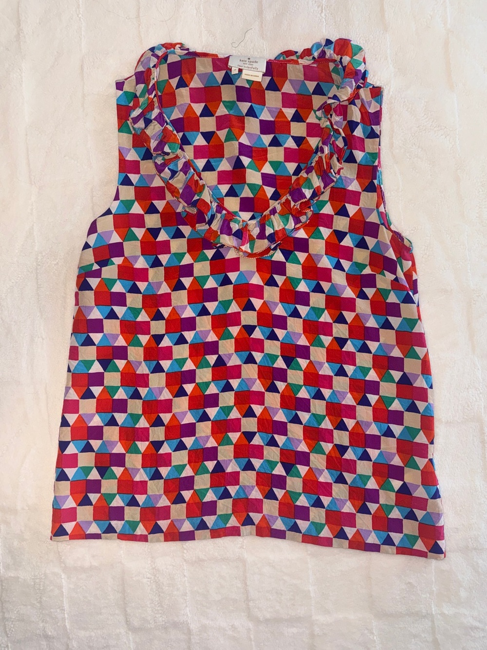 Kate Spade Silk - Abbey Sleeveless Geometric Pattern Blouse w/ Ruffle Collar